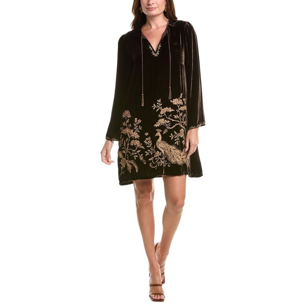 Johnny Was Womens  Kimono Sleeve Relaxed Silk-Blend Mini Dress, Brown